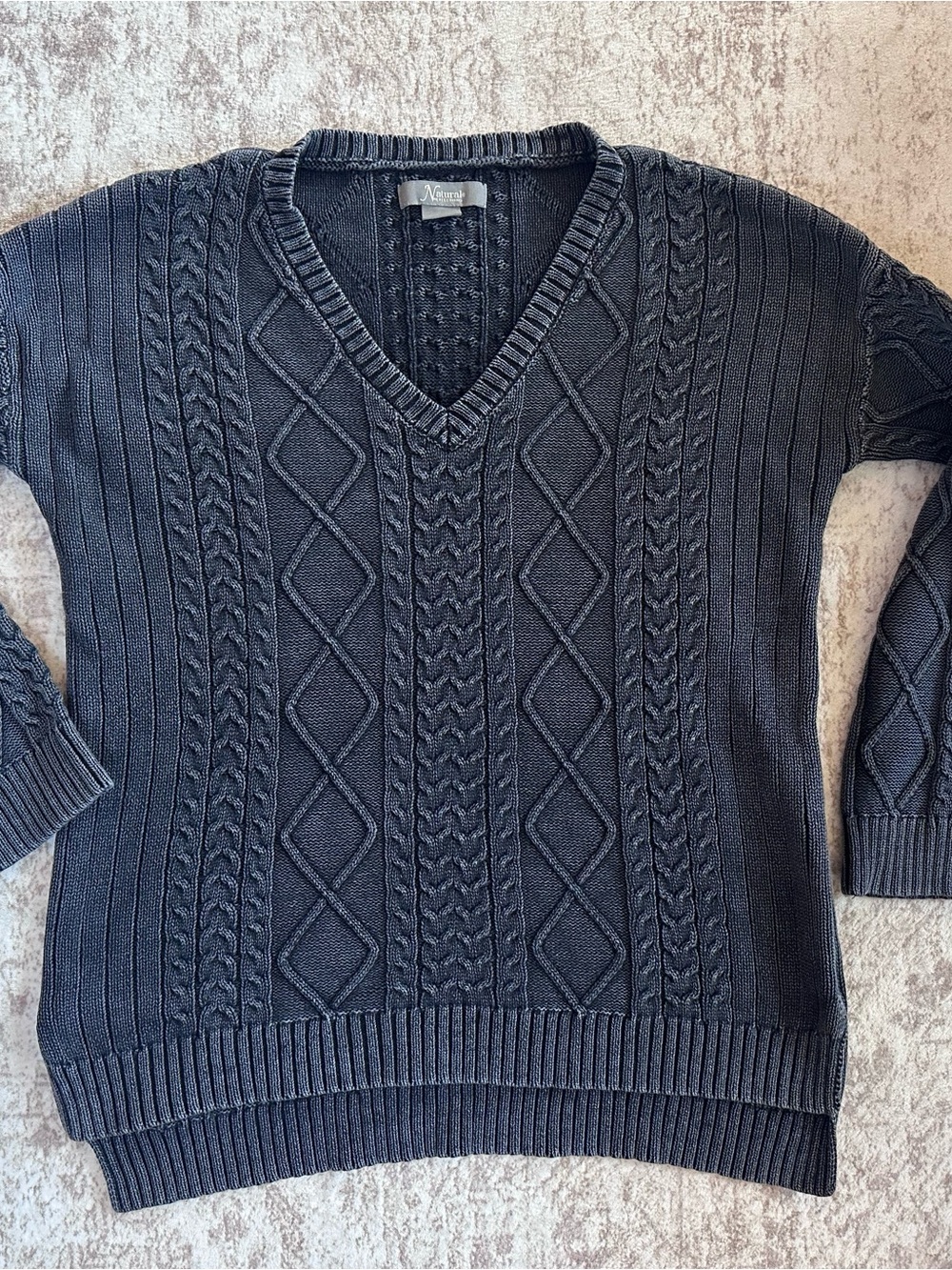 Natural Reflections Women's Cable Knit V-Neck Sweater - Black
